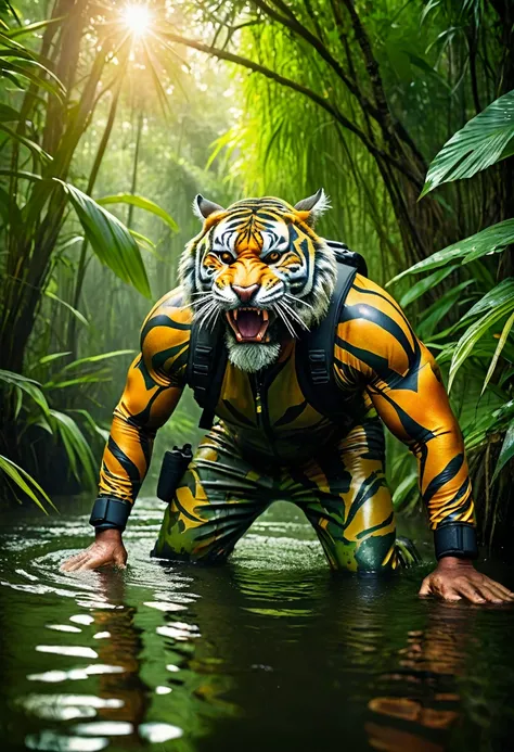 (a dark-skinned bearded fat muscular old man in a bulky army camouflage zipper diver suit), and (wearing realistic roaring siberian tiger mask), wearing army boots, crouching in a jungle and shooting sniper rifle, muscular physique, imposing stature, toned...