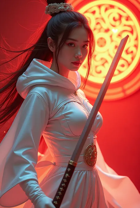 (masterpiece, best quality, beauty),uhd,  china female kungfu, korean beauty like tae yon, her face and  full body visible, shining red eyes,, windblown hair, wear white silk neon leather suit and hoody, left hand holding china traditional sword, standing ...