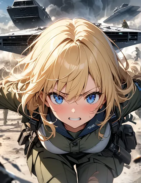 (anime)、(masterpiece:1.2),Atmospheric Perspective,Lens Flare、Foggy Battlefield, Make the world look blue、 The female soldier is crouching.。With an irritated look on his face, he vows revenge..。Rain-soaked hair、blonde、blue eyes、Star Destroyer、Traces of fier...