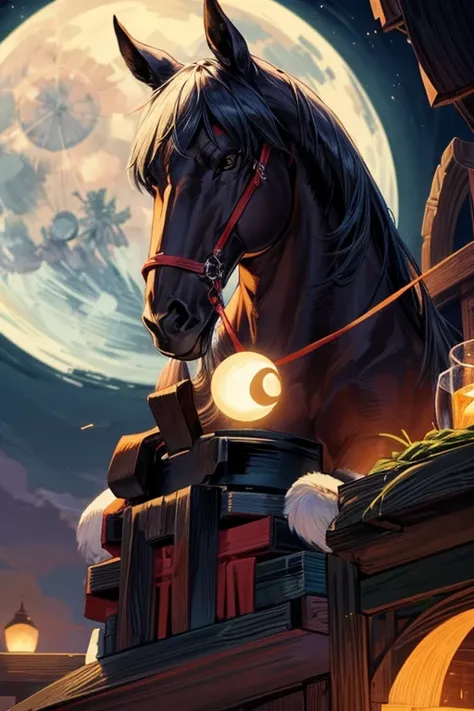 Horses are watching the moon on the night of the full moon　Bipedal Horse　Bipedal thoroughbred　Horse watching the moon　Horses eating moon-viewing dumplings while watching the full moon on the night of the 15th night of the lunar month　Horse drinking beer an...