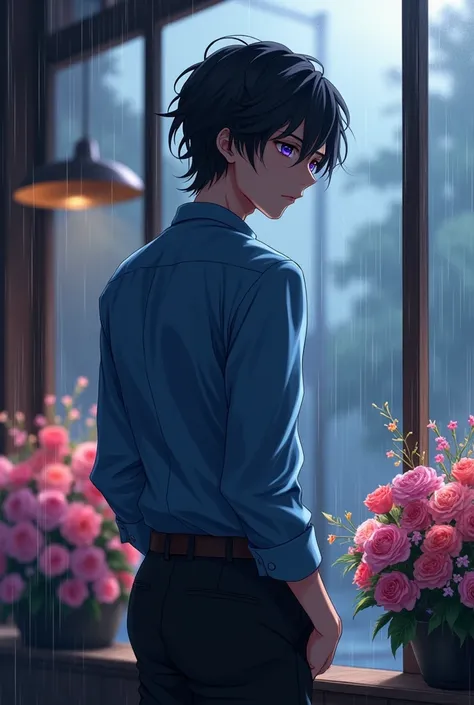 masterpiece, high quality, Very detailed, Every part of the body detailed and perfect, ultra high quality, anime boy, black skin, almost long and disheveled black hair, pretty purple eyes, slender body, camisa azul y pantalón negro Very detailed, in a beau...