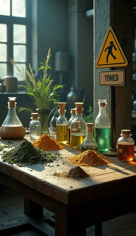 A picture of a table full of herbs and chemicals next to it, with a warning sign.