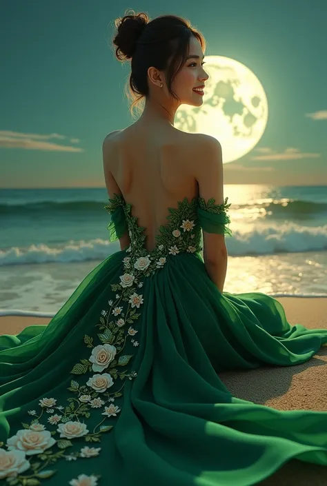 Beautiful Thai woman, sharp face, beautiful smile, long hair tied in a bun, looking at the camera, wearing a long emerald green dress, the long tail of the dress also has white roses with green stems and leaf patterns, embossed in fantasy colors. The woman...