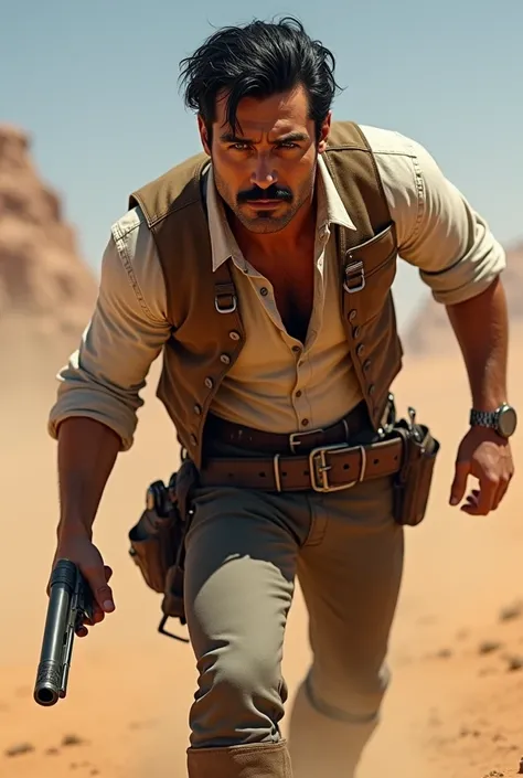 Black Messy Quiff hair imperial mustache strong man have blue eyes, no beard, wear white shirt with brown vest, cowboy style, sneak with hand gun in desert

￼