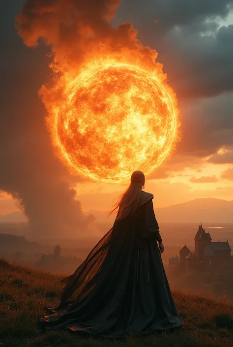 8k, close distance portrait, a female wizard with black transparent clothes, throwing a super massive fireball to a village on the distance from hill with a storm coming