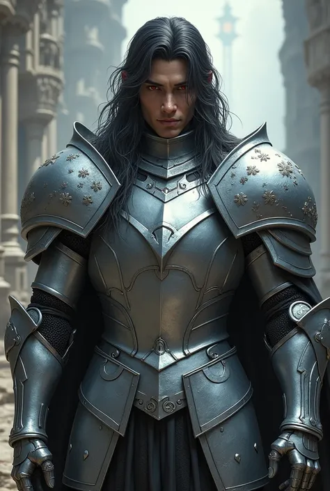 Create a male knight in silver armor with brown skin, red eyes and long black hair with white roots