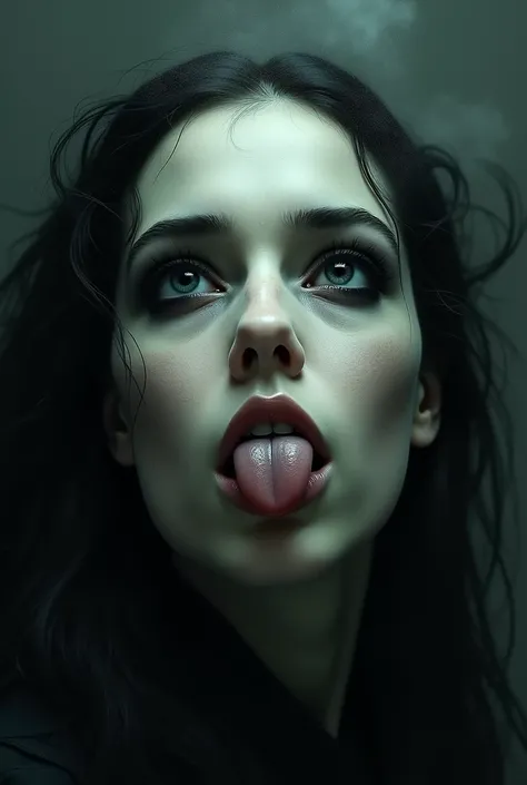 A woman with black eyes turned upwards and her tongue sticking out