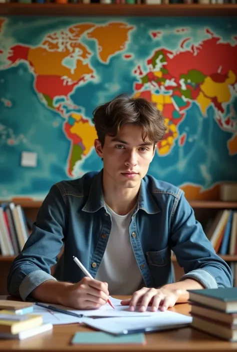 A 22 year student studying at his table with walls have maps and colour  and lots of books and a laptop