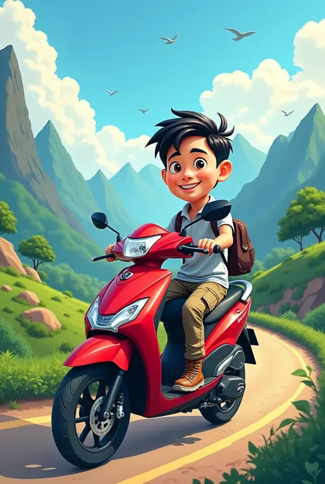 4D cartoon of an Indonesian adult male traveling to the mountains riding a Honda PCX