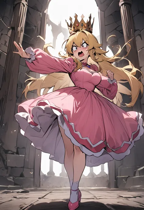 inside the castle、best quality、blonde、large breasts,(panic face),long hair,((a girl wearing a crown and an all pink dress)),((ro...