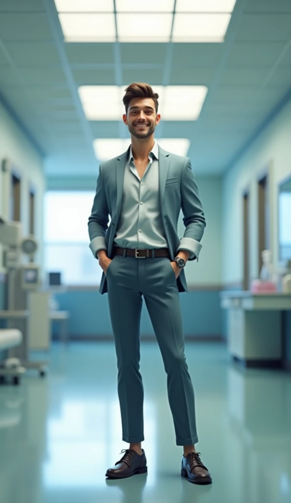 A man standing in the hospital 3d animation, wear attractive clothes,smiling good figure,