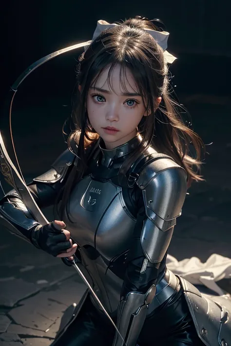 masterpiece, Hyper-Reality, Ultra Detailed, 8k resolution, RAW photos, Clear focus, (1 Girl), Solitary, Cute and tender face, figure, Female child, ,  portrait, Armor, Holding a bow and arrow, Nanosuit, Poor, Messy hair, Movie, Movie light, Dark theme