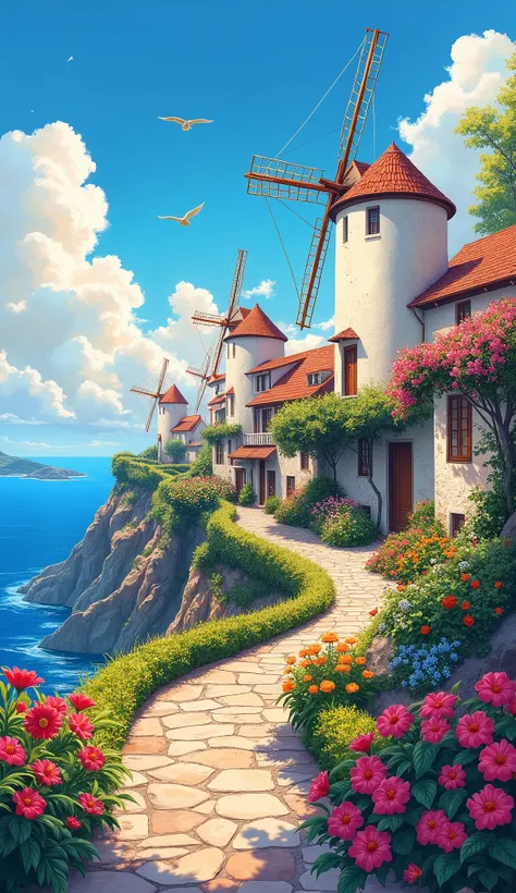 a picturesque cliffside village with whimsical windmills and fragrant gardens, bright flowers spilling over pathways, birds flying in the clear blue sky above, a vibrant sunset illuminating the scene with warm hues, composition centered on the village with...