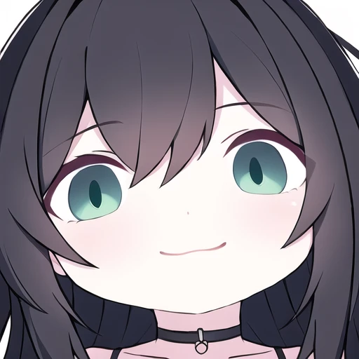 masterpiece,best quality,chibi style,chibi,light smile,close-up,white background, 1girl, ;d choker, collarbone, dekalco, depth of field, unkempt hair, looking at viewer, emotionless face, choker, dark green eyes, black hair,