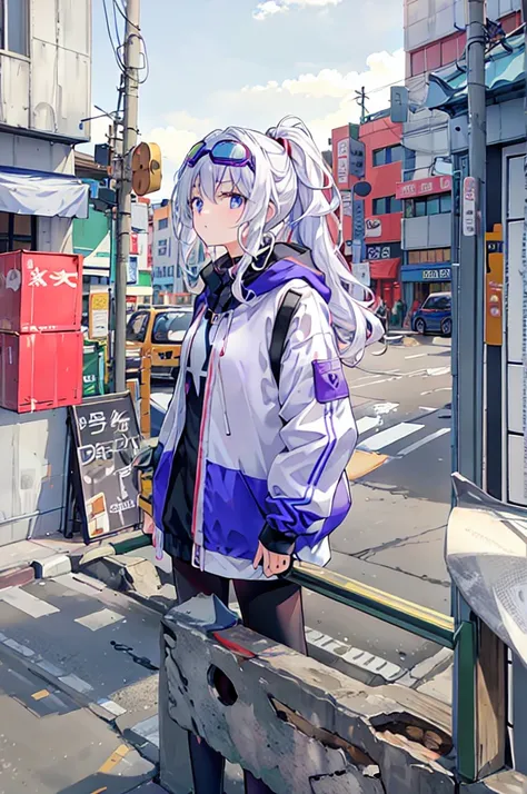 Masterpiece best image quality, Extremely vivid, Anime girl with curly ponytail, 娇small身材, White functional jacket, small, Blue-purple gradient ski goggles, Cyberpunk, White hair, Natural casual style, Dynamic posture, Golden Section, Large aperture portra...