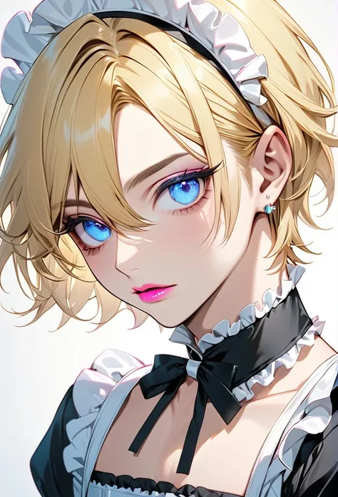 Male, with blond hair, with short hair, with lught blue eyee, he is wearing a maid outfit, he is flat chested like a man, he has pretty pink lips, he has pericings, he is wearing pink eyeshadow.