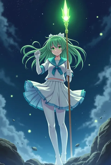 Night sky，White short-sleeved school uniform，White pleated skirt，white pantyhose，White Gloves，Green long hair anime girl，Magic Spear￼