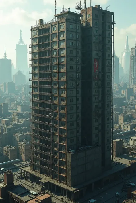 an apartment building in the style of midgar city with a cityscape in the background