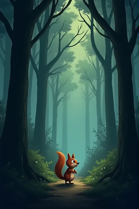 Lost in the Forest: Pip appears a little scared and confused in a dark, dense part of the forest. The trees are taller, and the shadows make the scene feel mysterious and slightly intimidating for the tiny squirrel