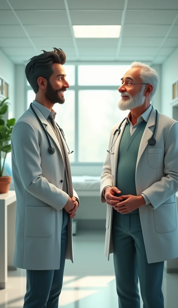 A man sitting in the hospital talking to old doctor man in the hospital 3d animation, wear attractive clothes in pants shirts, smiling good figure,