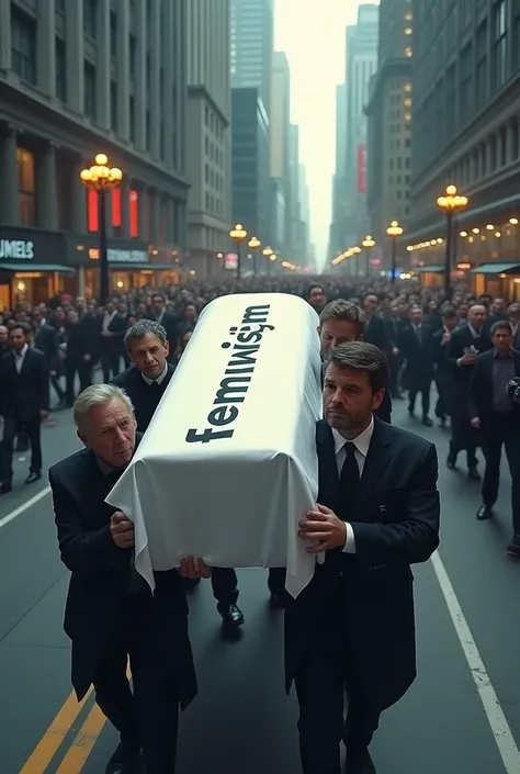 Create and image in which 4 men are holding a funeral bed from each end on which a dead body is wrapped in white a cloth and on that clothes the word "Feminism" is written. The coffin is taken from a modren city like new york. The view should be birdseye v...