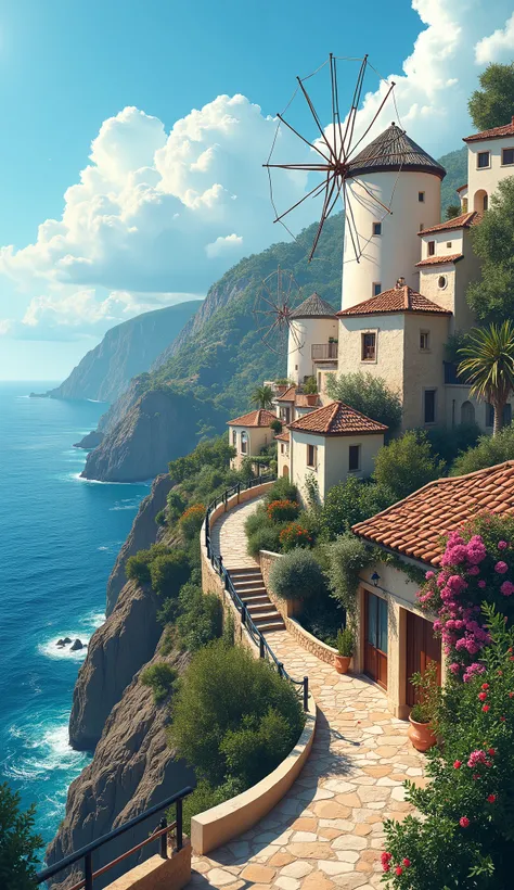 an enchanting cliff village adorned with charming windmills amidst terraced gardens, the village glistening under the morning sun, gentle waves crashing against the rocks below in the distance, composition blending the verticality of the cliffs with the ho...