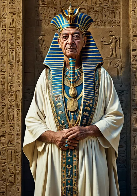 A highly detailed, ultra-HD portrayal of Pharaoh Pepi II, an elderly Egyptian ruler, wearing royal robes and looking eccentric with a slightly unusual expression. The setting includes ancient Egyptian symbols and artifacts, with a focus on his quirky perso...