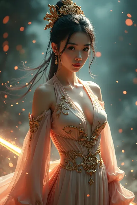 (looking up at viewer, facing viewer), digital art ilustration, depth of field, cinematic light, chiarosaurio, mist, particles, sparks,reflections, a female princess (Disney princess Mulan, Dilraba Dilmurat) wearing extremely sexy chinese princess engraved...