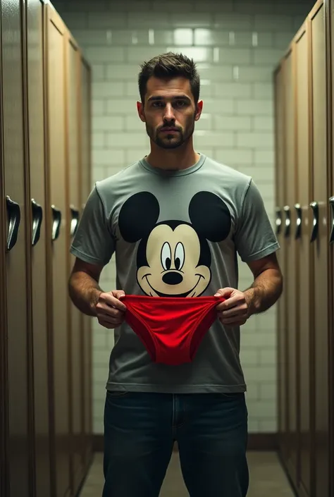 A man stands in the locker room of a gym and holds in his hands a picture of red panties. The man has a surprised face. The man is wearing a T-shirt with the image of Mikimouse.