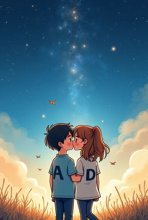 Draw a couple in love, on the girl&#39;s shirt is the letter A, on the boy&#39;s shirt is the letter D, They stood under a bright starry sky and kissed.