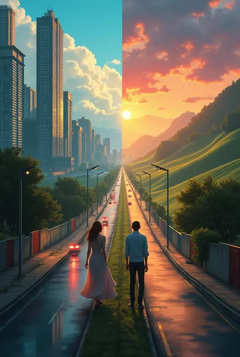 A scene showing Conceição and Vicente on a separate date, perhaps with a background that contrasts the city and the countryside, symbolizing their distinct worlds. Conceição can be portrayed in an urban environment, while Vicente appears in a rural setting...