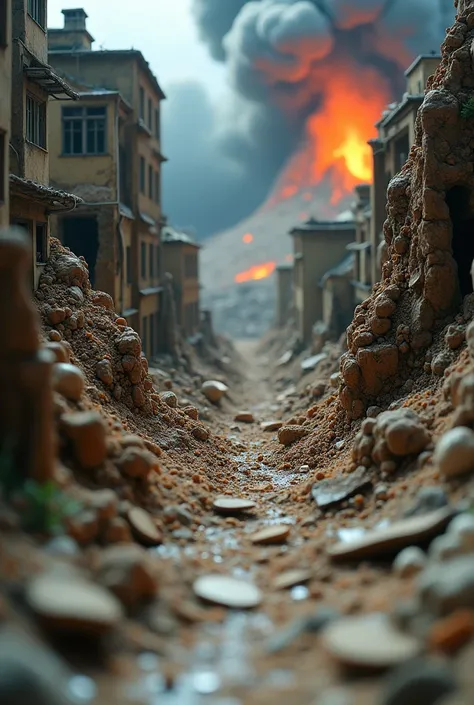 miniature photography of catastrophic disaster, collapse buildings, landslide and volcanoes erupsion