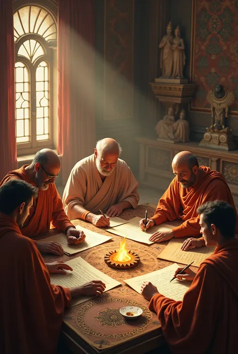 Scholars writing down the Rigveda, Samaveda, Yajurveda, and Atharvaveda, surrounded by priests performing rituals.