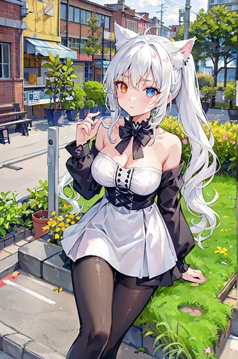 1 woman, high resolution, masterpiece, Best quality, Long hair, Twin ponytails, White hair, Big breasts(d), Cat ears, Heterochromia, goth ，white pantyhose，Single, 