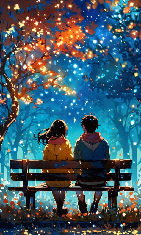 ２０Teenage couple, Two people gazing at the stars、sitting side by side on a park bench、Under the stars，A wonderful sight