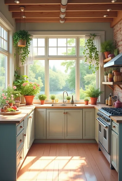 Water colored kitchen landscape  no persons