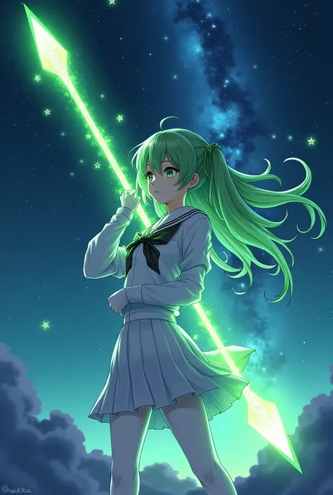 Night sky，White short-sleeved school uniform，White pleated skirt，white pantyhose，White Gloves，Green long hair anime girl，Magic Spear￼