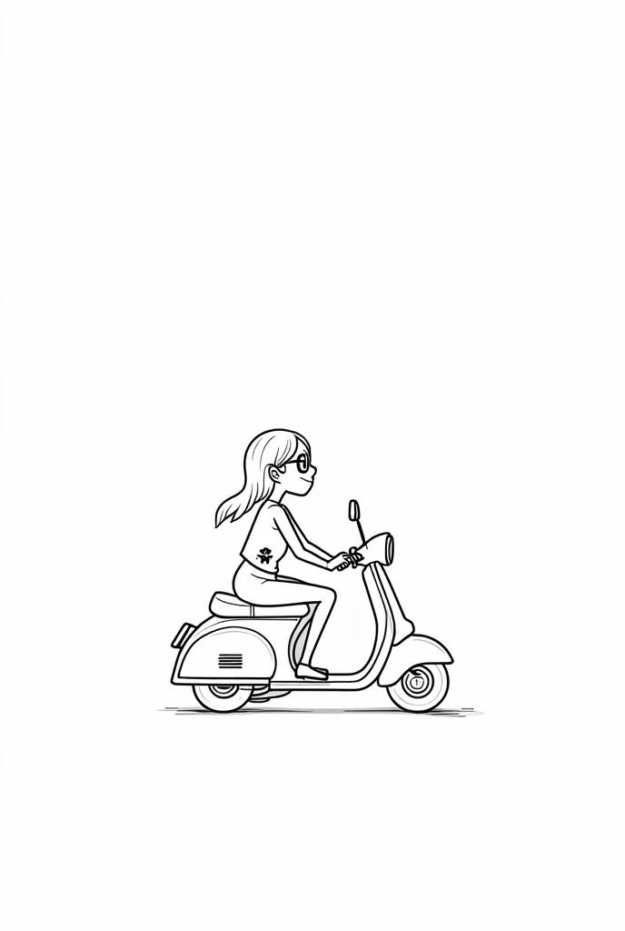 Two sisters black and white line art. One in scooty other one standing near with specs Tattoo design cartoon line art seeing front. Bike girl without glasses .standing side side. Young. One girl without specs. Second One girl with specs 