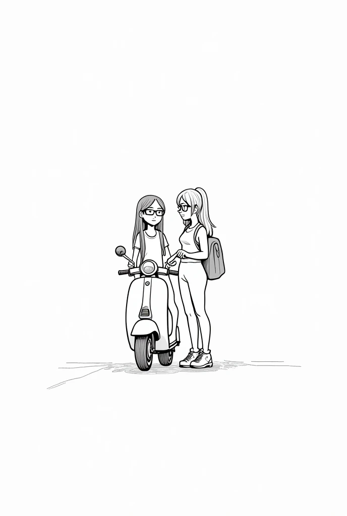 Two sisters black and white line art. One in scooty other one standing near with specs Tattoo design cartoon line art seeing front. Bike girl without glasses .standing side side. Young. One girl without specs. Second One girl with specs 