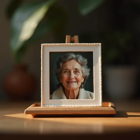 a miniature photograph on a table, 1 mature woman, close-up, perfect light