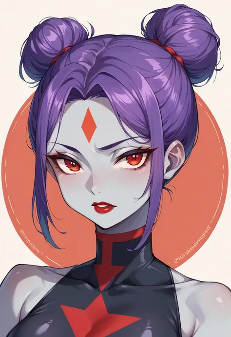 Best Quality、girl、Purple Hair、Bun Hair（Knot）、Forehead、Grey skin-tight suit、Red lipstick、Red inverted triangle pattern on cheek、Anime Moe art style、training