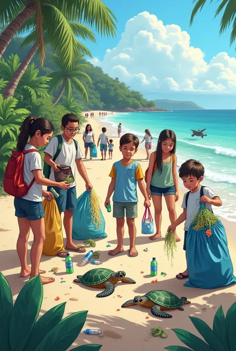 Realistic people collecting trash from beaches in recycling bags and there are sea turtles in the image