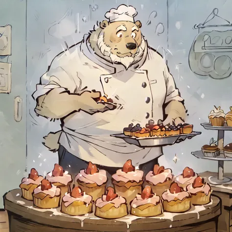 masterpiece, best quality, very aesthetic, absurdres, BREAK noise reduction, BREAK [face:full body:10], looking away, from above, Pastry chef, plump middle-aged french polar bear man, fluffy body, brown eyes, beautiful beard, male face, big face, square ja...