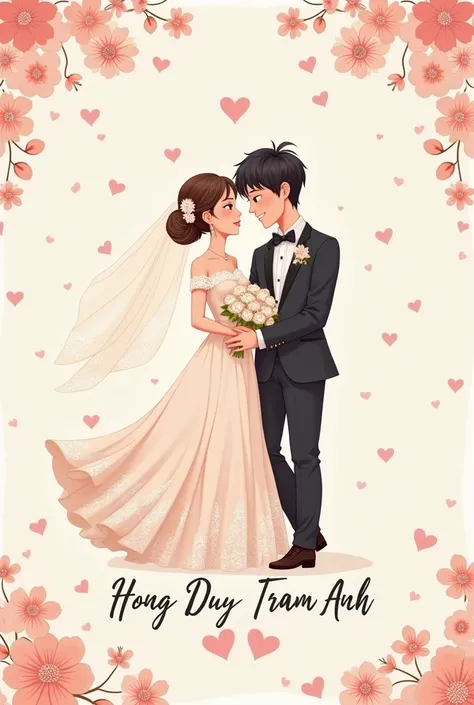 Drawing an anime style bride and groom, below it says &quot;Hong Duy loves Tram Anh&quot;