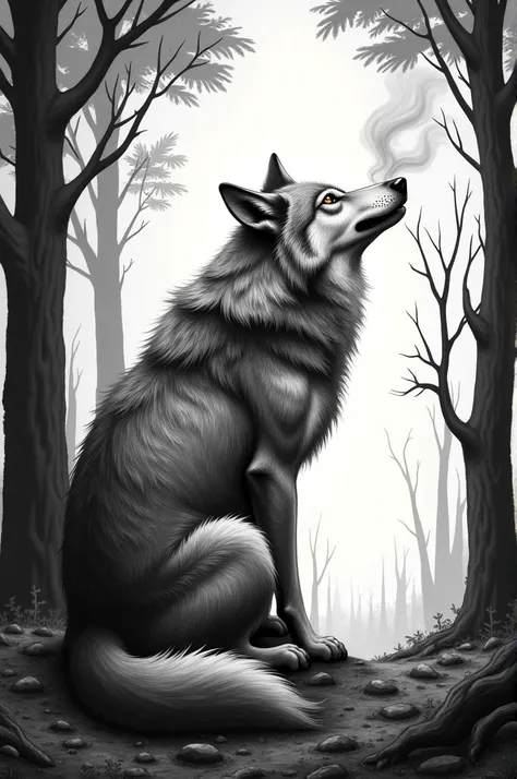 Imaginez un loup majestueux, assis dans une forêt dense, avec ses poils détaillés et réalistes. Il est vu de dos, ce qui met en valeur la puissance de son corps. Autour de lui, des arbres sélèvent, leurs feuilles créant un jeu dombres et de lumières. De sa...