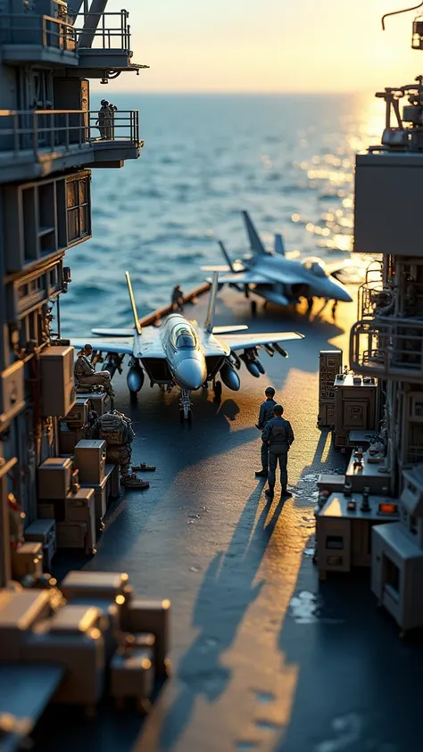 a highly detailed and photorealistic miniature photography of a diorama of the aircraft carrier USS Kitty Hawk with jets and pilots on the runway, extremely realistic F14 Tomcat fighter jets, numerous aircraft parts, tools, futuristic workbenches, detailed...