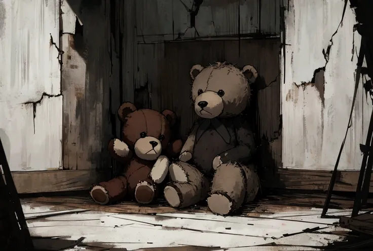  teddy bear, Worn, In a dark room, worn out and torn apart, lonely 