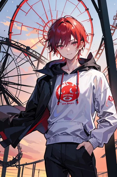 Face through torso, 1man, mature male in his 20s, short hair(Red hair, hair between eyes), sharp and masculine purple eyes(no highlights), sinister smile, mysterious aura like a mastermind behind all events, wearing white hoodie under casual jacket, black ...