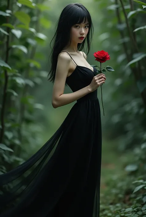 A girl in black dress with rose
