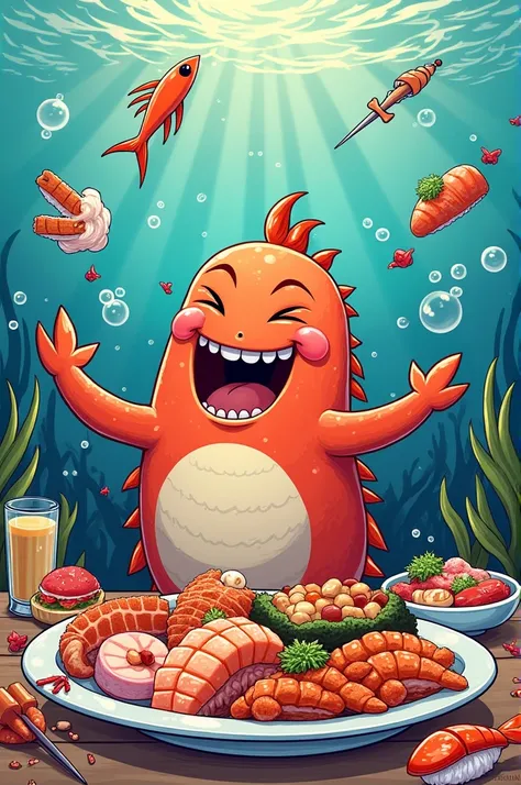 Text: "I’m on a seafood diet. I see food and I eat it!"
Image: A playful illustration of various seafood dishes.